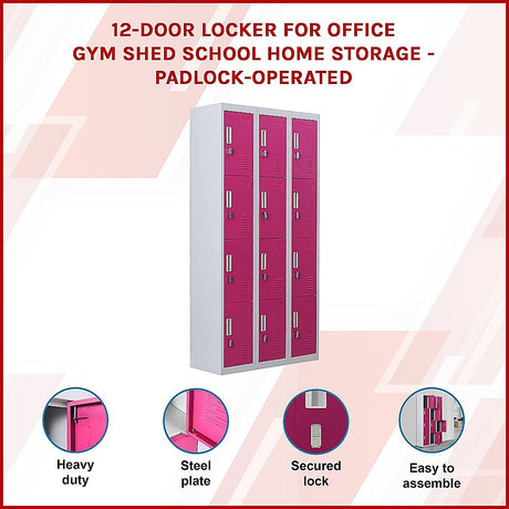 12-Door Steel Storage Locker, Grey with Pink Doors, padlock-operated - image 3