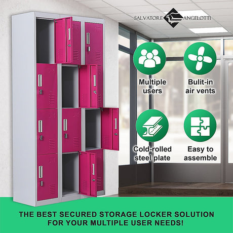 12-Door Steel Storage Locker, Grey with Pink Doors, padlock-operated - image 5