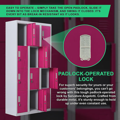 12-Door Steel Storage Locker, Grey with Pink Doors, padlock-operated - image 7