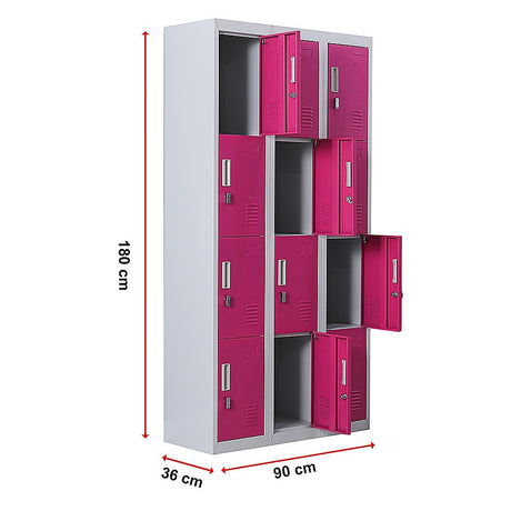 12-Door Steel Storage Locker, Grey with Pink Doors, padlock-operated - image 12