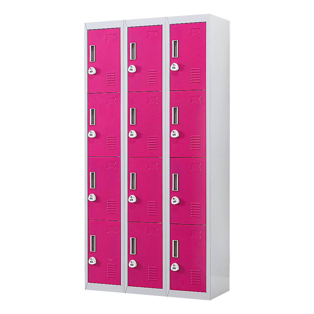 12-Door Steel Storage Locker with 3-Digit Combination Lock, Grey with Pink