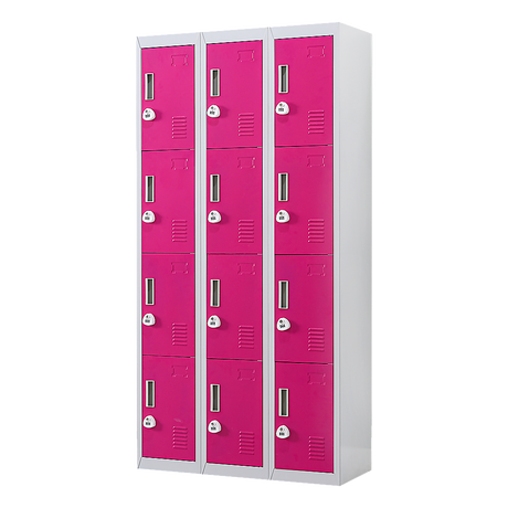 12-Door Steel Storage Locker with 3-Digit Combination Lock, Grey with Pink
