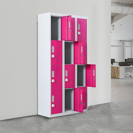 12-Door Steel Storage Locker with 3-Digit Combination Lock, Grey with Pink
