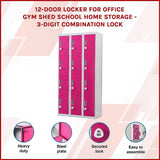 12-Door Steel Storage Locker with 3-Digit Combination Lock, Grey with Pink