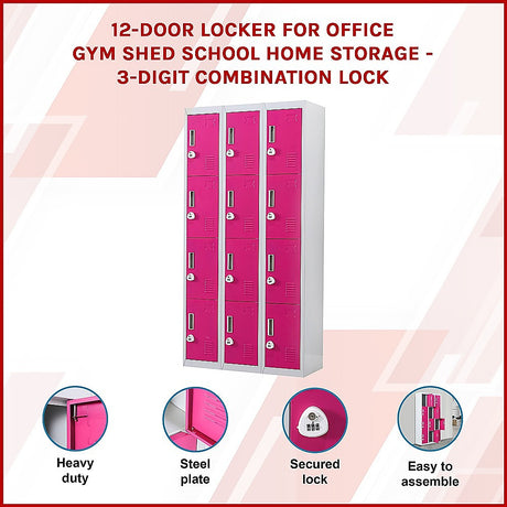12-Door Steel Storage Locker with 3-Digit Combination Lock, Grey with Pink