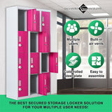 12-Door Steel Storage Locker with 3-Digit Combination Lock, Grey with Pink