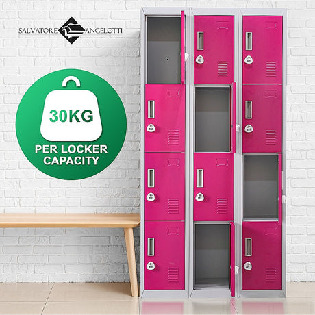 12-Door Steel Storage Locker with 3-Digit Combination Lock, Grey with Pink