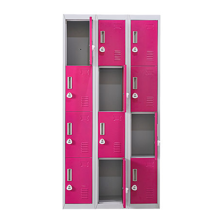12-Door Steel Storage Locker with 3-Digit Combination Lock, Grey with Pink