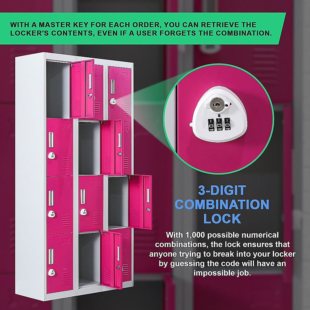12-Door Steel Storage Locker with 3-Digit Combination Lock, Grey with Pink