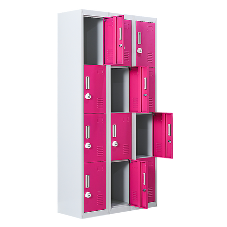 12-Door Steel Storage Locker with 3-Digit Combination Lock, Grey with Pink