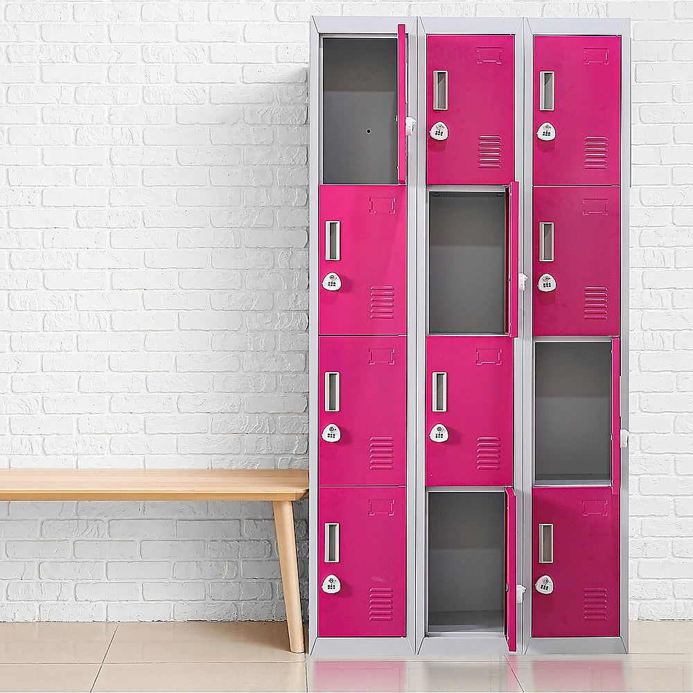 12-Door Steel Storage Locker with 3-Digit Combination Lock, Grey with Pink