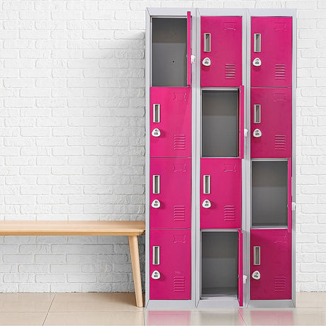 12-Door Steel Storage Locker with 3-Digit Combination Lock, Grey with Pink