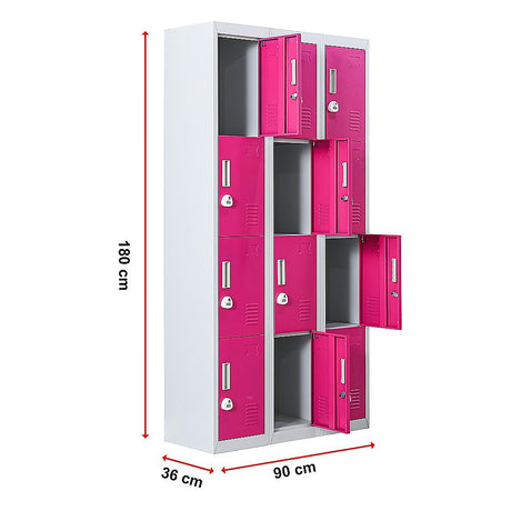 12-Door Steel Storage Locker with 3-Digit Combination Lock, Grey with Pink
