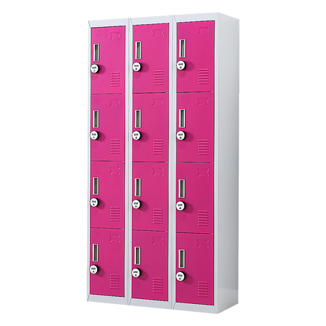 12-Door Steel Storage Locker with 4-Digit Combination Lock, Grey with Pink