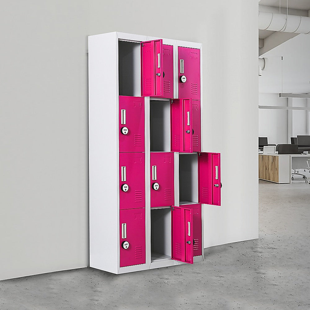 12-Door Steel Storage Locker with 4-Digit Combination Lock, Grey with Pink