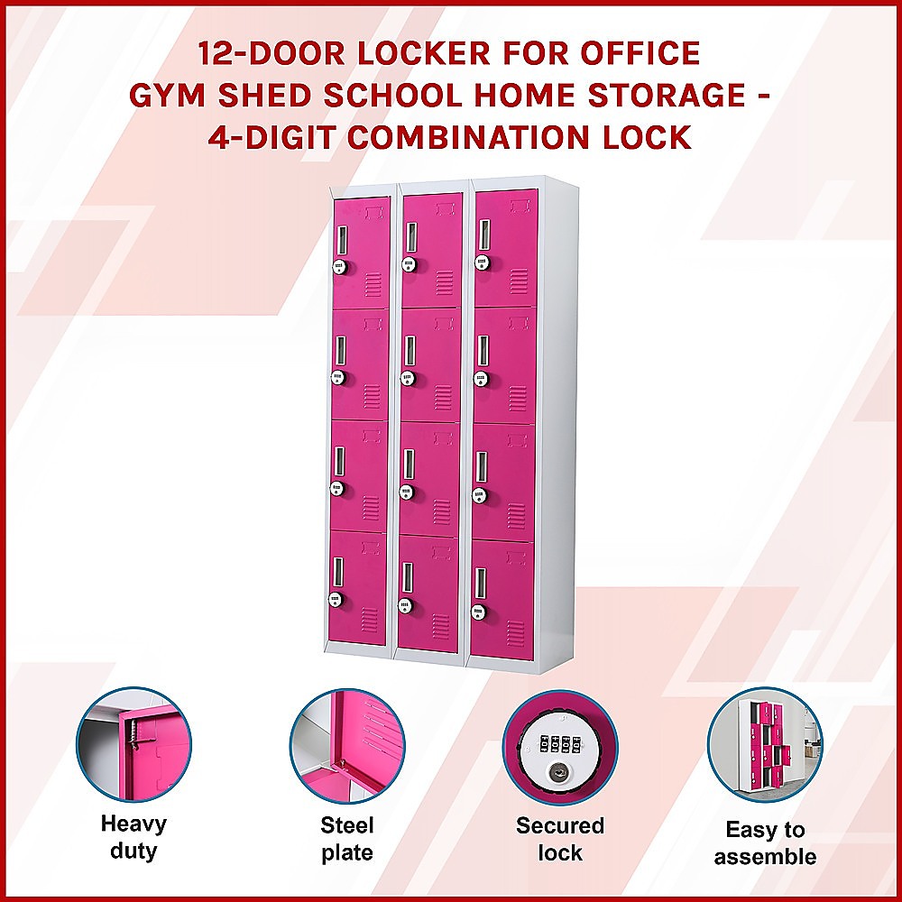 12-Door Steel Storage Locker with 4-Digit Combination Lock, Grey with Pink