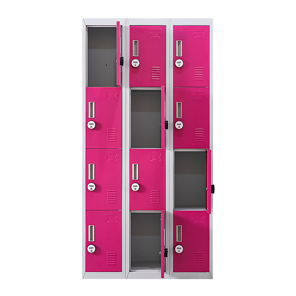12-Door Steel Storage Locker with 4-Digit Combination Lock, Grey with Pink