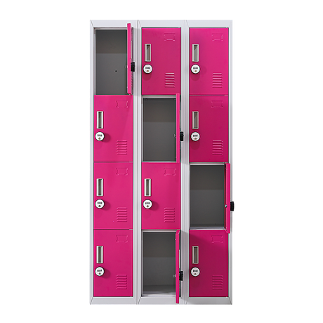 12-Door Steel Storage Locker with 4-Digit Combination Lock, Grey with Pink