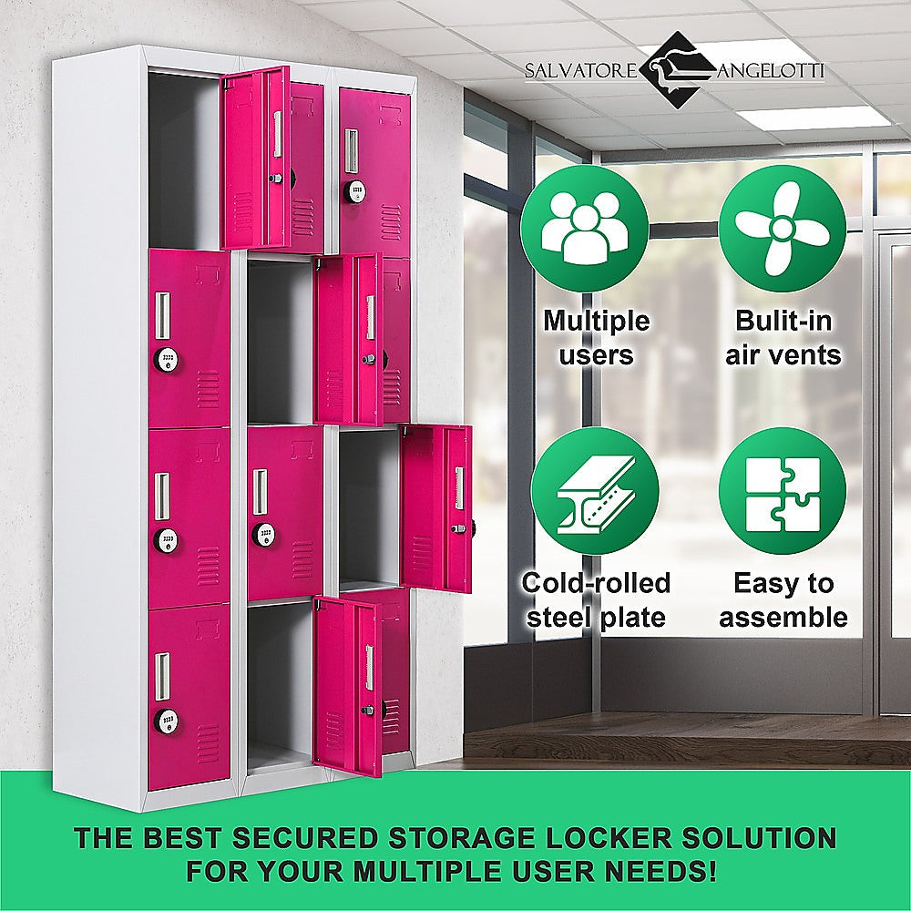 12-Door Steel Storage Locker with 4-Digit Combination Lock, Grey with Pink