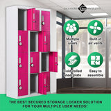 12-Door Steel Storage Locker with 4-Digit Combination Lock, Grey with Pink
