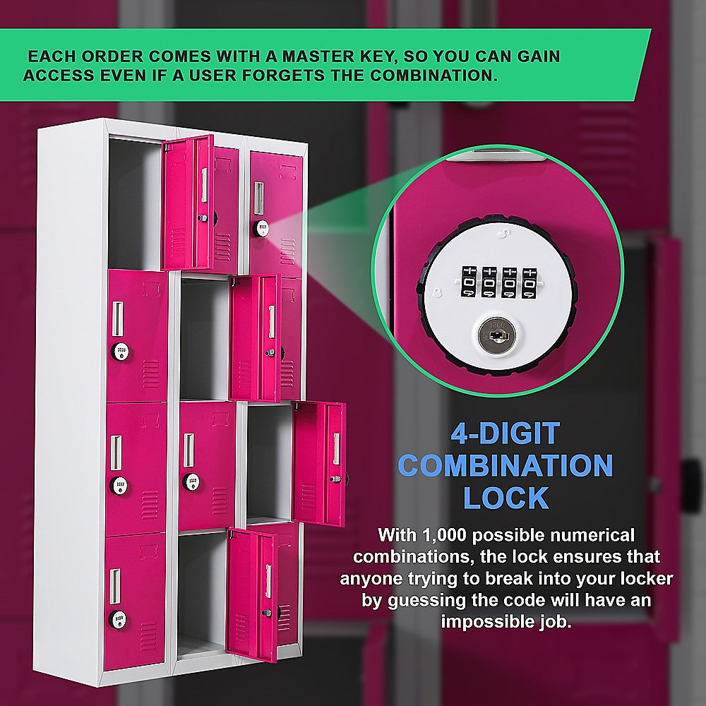 12-Door Steel Storage Locker with 4-Digit Combination Lock, Grey with Pink
