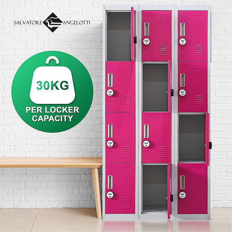 12-Door Steel Storage Locker with 4-Digit Combination Lock, Grey with Pink