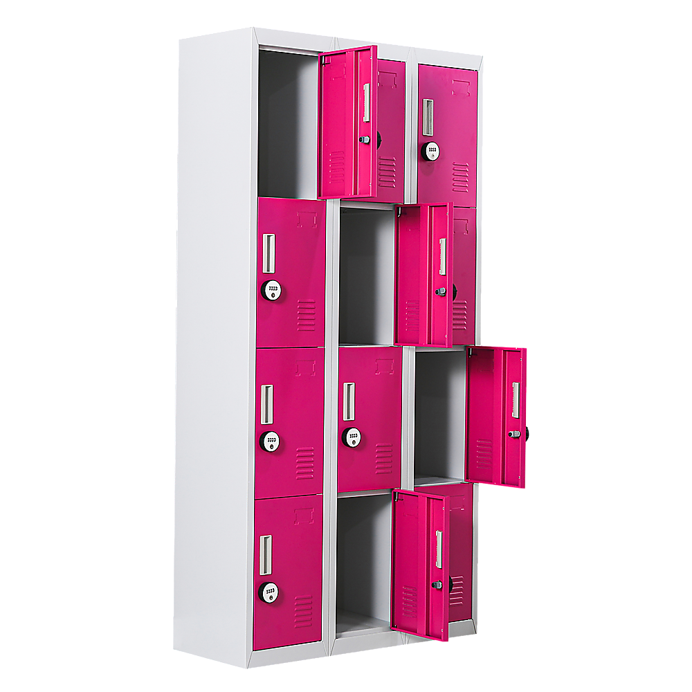 12-Door Steel Storage Locker with 4-Digit Combination Lock, Grey with Pink