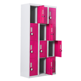 12-Door Steel Storage Locker with 4-Digit Combination Lock, Grey with Pink