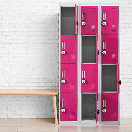 12-Door Steel Storage Locker with 4-Digit Combination Lock, Grey with Pink