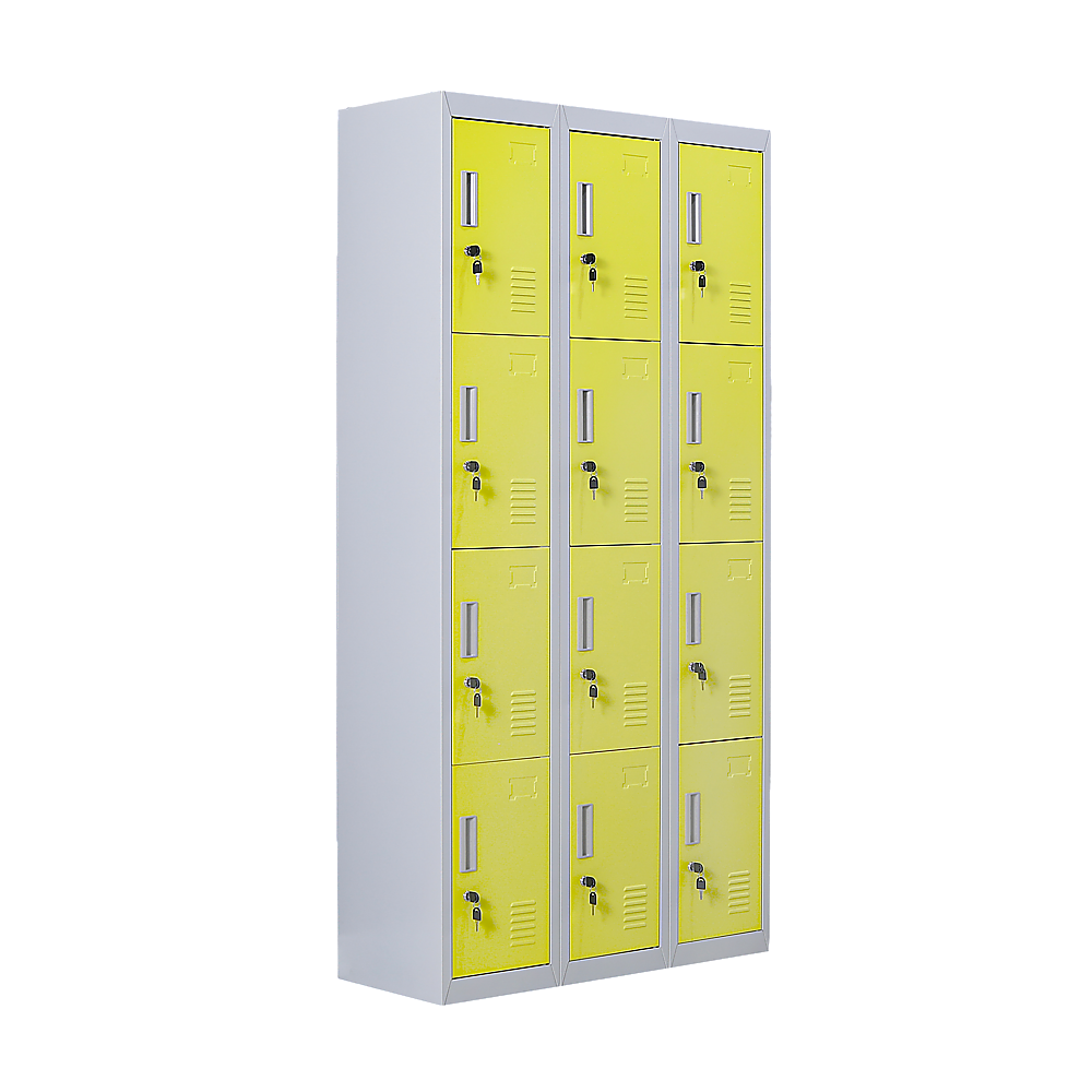 12-Door Steel Storage Locker, Grey with Yellow Doors, key lock - image 1