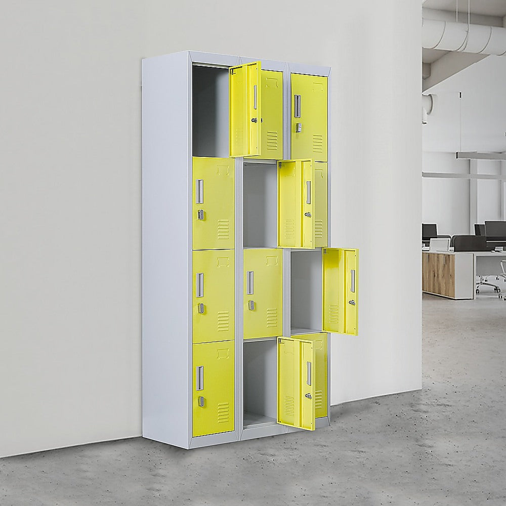 12-Door Steel Storage Locker, Grey with Yellow Doors, key lock - image 2