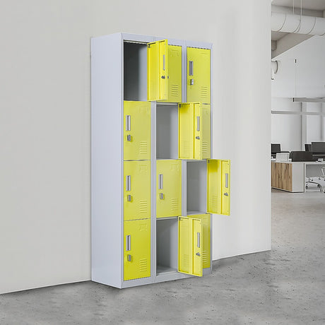 12-Door Steel Storage Locker, Grey with Yellow Doors, key lock - image 2