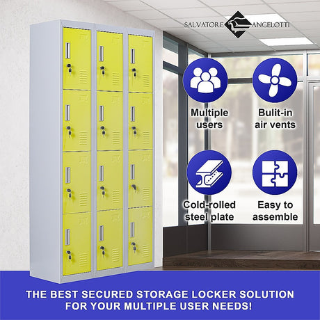 12-Door Steel Storage Locker, Grey with Yellow Doors, key lock - image 6