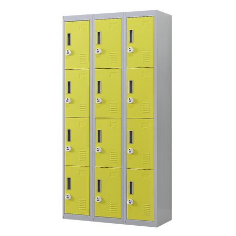 12-Door Steel Storage Locker with 3-Digit Combination Lock, Grey with Yellow