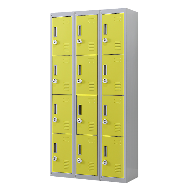 12-Door Steel Storage Locker with 3-Digit Combination Lock, Grey with Yellow