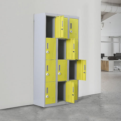 12-Door Steel Storage Locker with 3-Digit Combination Lock, Grey with Yellow
