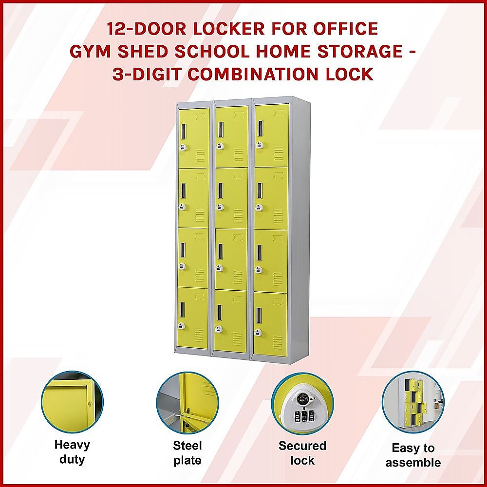 12-Door Steel Storage Locker with 3-Digit Combination Lock, Grey with Yellow