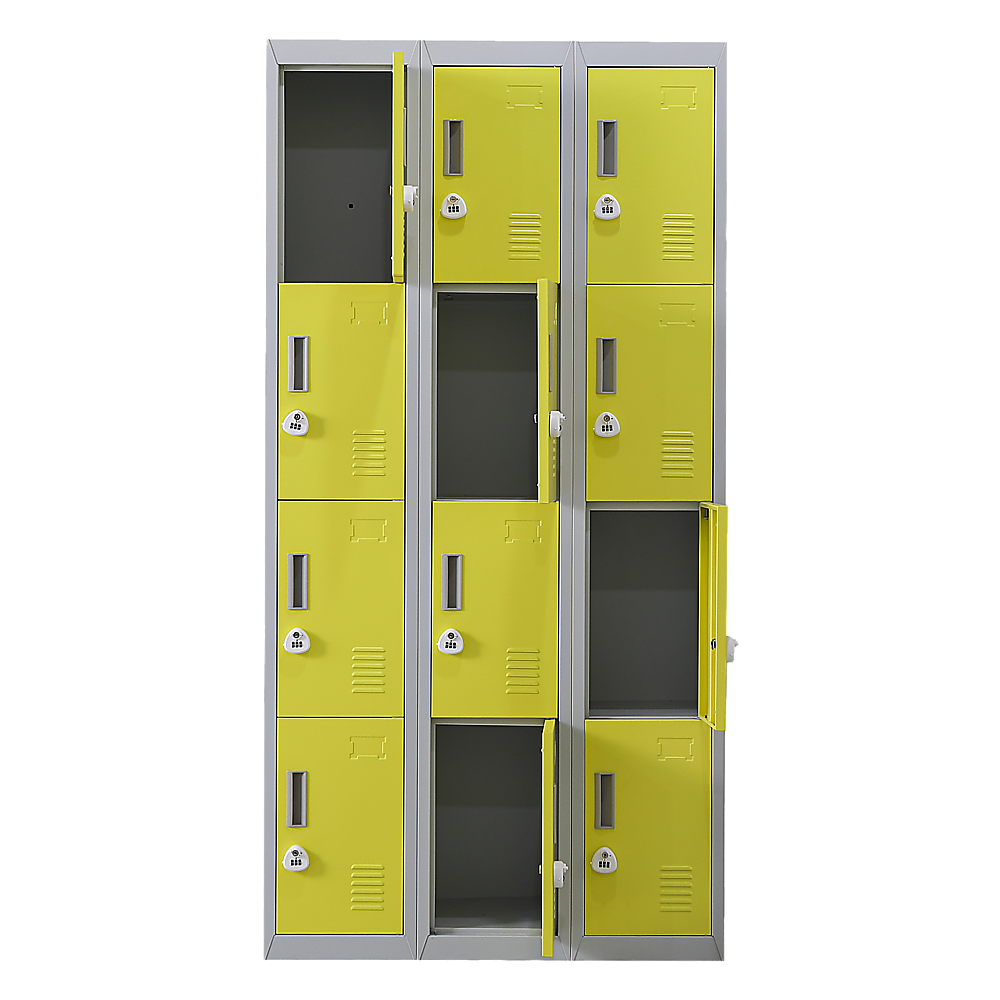 12-Door Steel Storage Locker with 3-Digit Combination Lock, Grey with Yellow