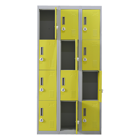 12-Door Steel Storage Locker with 3-Digit Combination Lock, Grey with Yellow