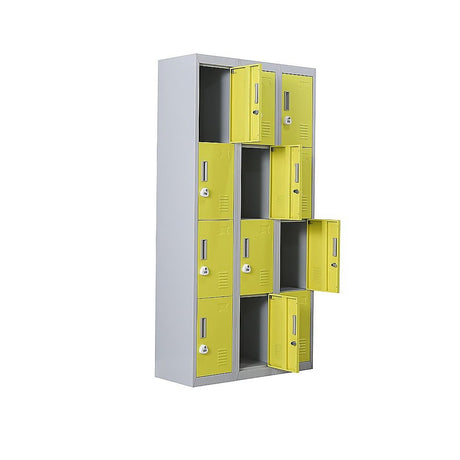 12-Door Steel Storage Locker with 3-Digit Combination Lock, Grey with Yellow