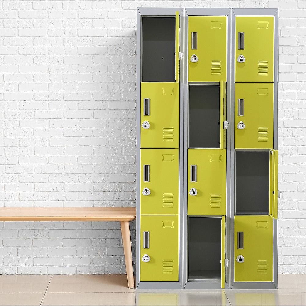 12-Door Steel Storage Locker with 3-Digit Combination Lock, Grey with Yellow