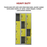 12-Door Steel Storage Locker with 3-Digit Combination Lock, Grey with Yellow