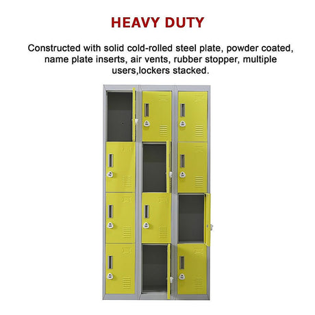 12-Door Steel Storage Locker with 3-Digit Combination Lock, Grey with Yellow