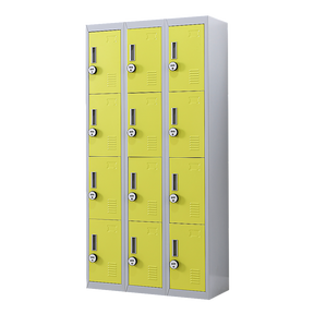12-Door Steel Storage Locker with 4-Digit Combination Lock, Grey with Yellow