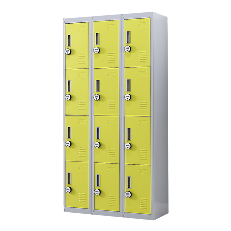 12-Door Steel Storage Locker with 4-Digit Combination Lock, Grey with Yellow