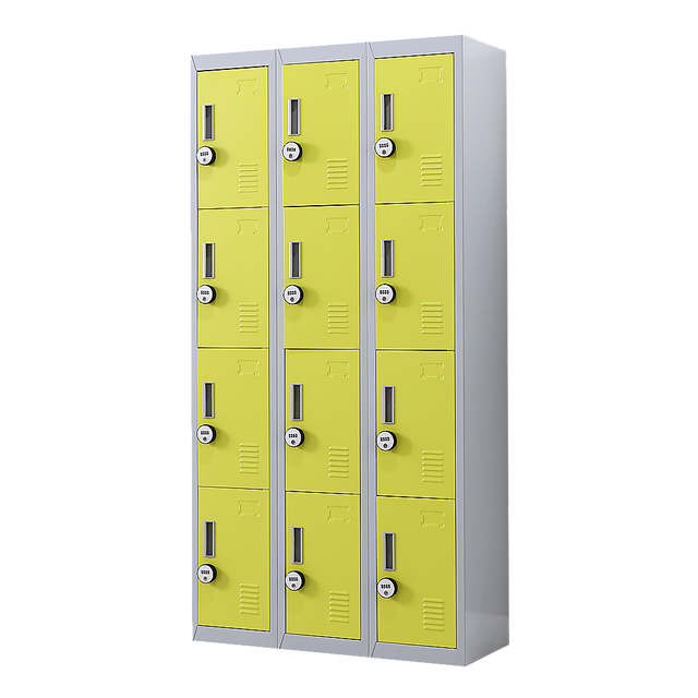 12-Door Steel Storage Locker with 4-Digit Combination Lock, Grey with Yellow