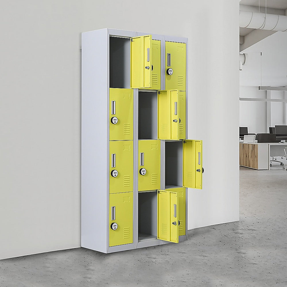 12-Door Steel Storage Locker with 4-Digit Combination Lock, Grey with Yellow