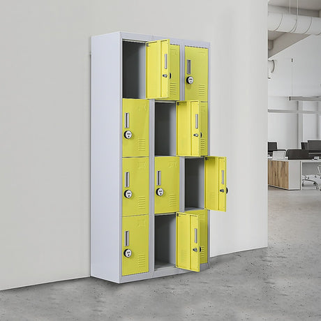 12-Door Steel Storage Locker with 4-Digit Combination Lock, Grey with Yellow