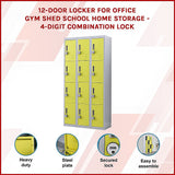 12-Door Steel Storage Locker with 4-Digit Combination Lock, Grey with Yellow