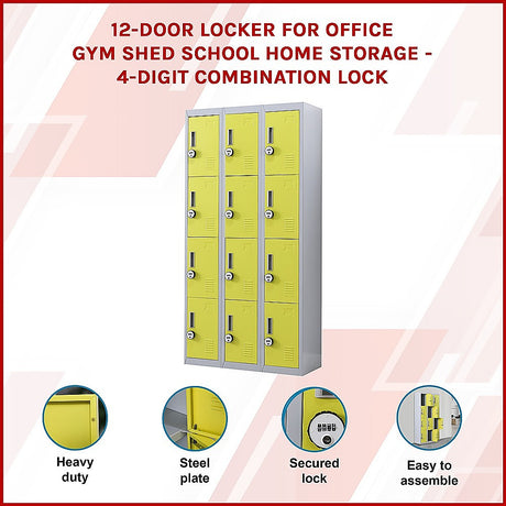 12-Door Steel Storage Locker with 4-Digit Combination Lock, Grey with Yellow